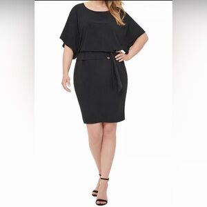 NWT Jessica Howard Black Blouson Belted‎ Cape Sleeve Dress 16W